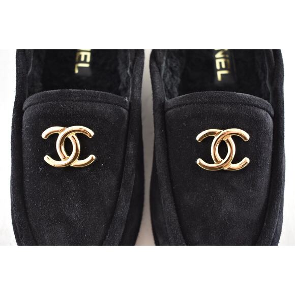 Chanel 25A Black Suede Shearling CC Moccasin Ballet Slingback Loafer Flat 36.5 - Picture 10 of 15
